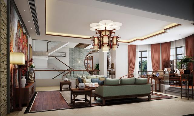  别墅中式客厅装饰设计效果图
